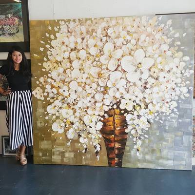 Affordable Custom Made Hand-painted Modern White and Gold Textured Flower Oil Painting In Malaysia Office/ Home @ ArtisanMalaysia.com