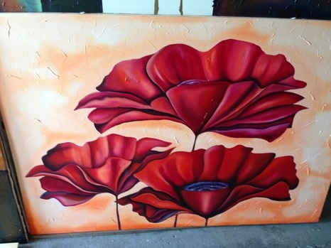 Affordable Custom Made Hand-painted Captivating Mid-Century Modern Bold Red Flower with Peach/ Beige Background  Oil Painting In Malaysia Office/ Home @ ArtisanMalaysia.com