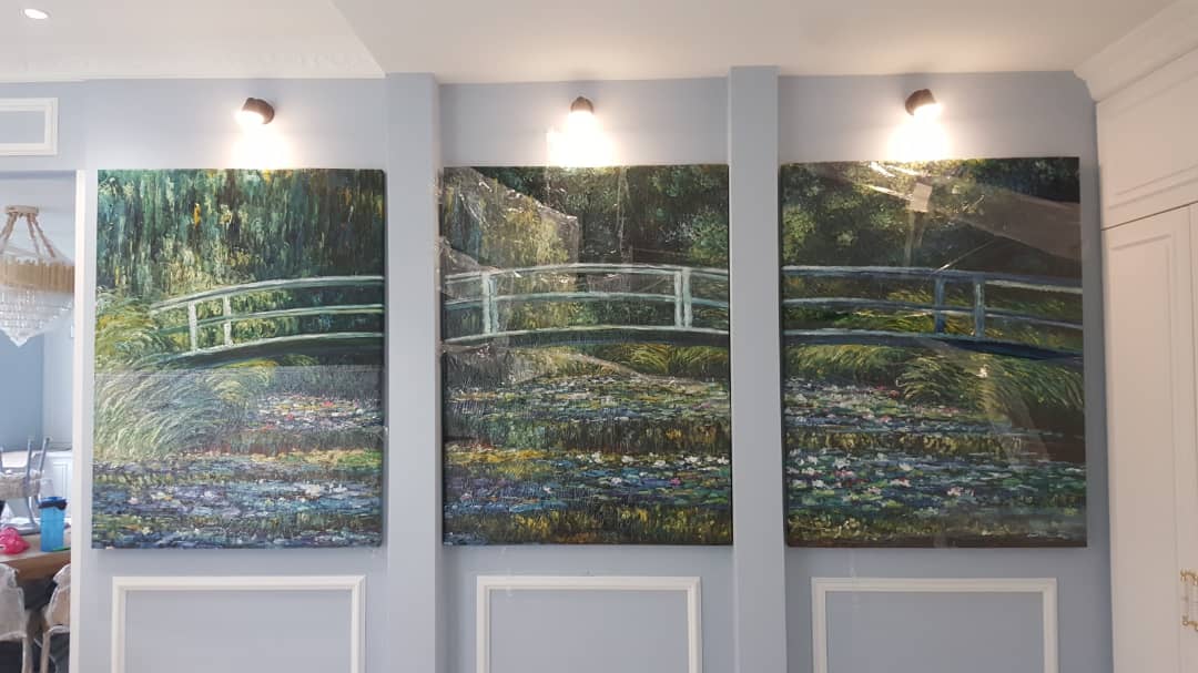 Affordable Custom Made Hand-painted Captivating Contemporary Timeless 3 Panels Water Lilies Over the Bridge By Monet Oil Painting In Malaysia Office/ Home @ ArtisanMalaysia.com