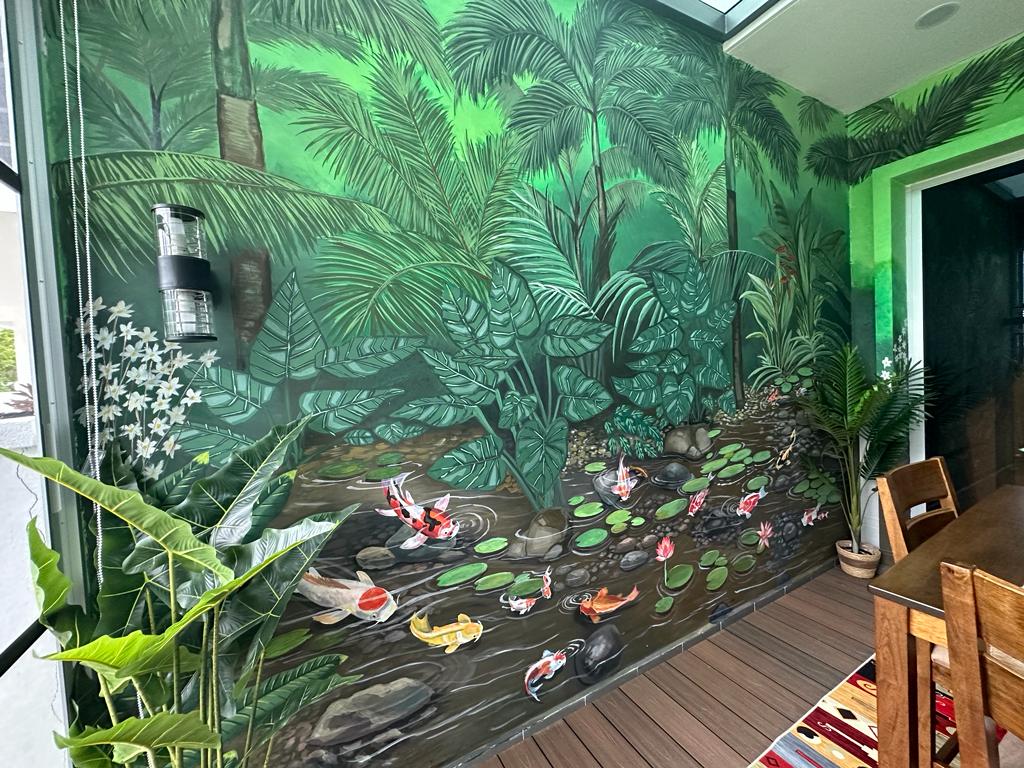 Affordable Custom Made Hand-painted Tropical Forest Green Koi Fish Mural Art on Wall In Malaysia Office/ Home @ ArtisanMalaysia.com