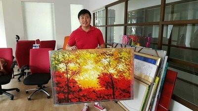 Affordable Custom Made Hand-painted Red Eclectic Mid-Century Modern Flower Floral Art Oil Painting In Malaysia Office/ Home @ ArtisanMalaysia.com