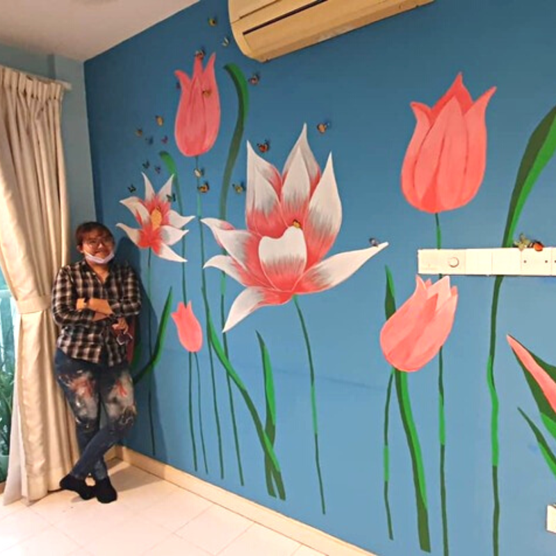 Affordable Custom Made Hand-painted Modern Flower Mural Art on Wall In Malaysia Office/ Home @ ArtisanMalaysia.com