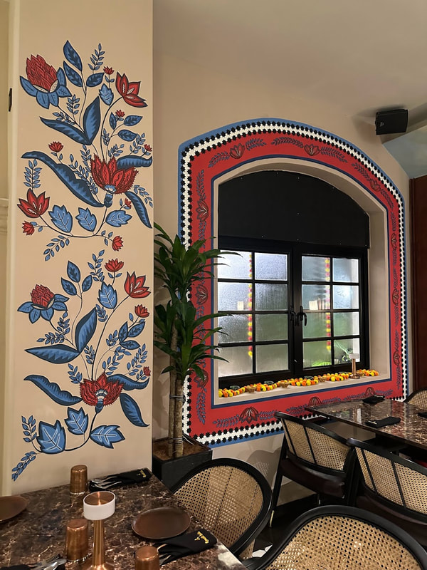 Affordable Custom Made Hand-painted Indian Restaurant Star and Flower Red and Blue Mural Wall Art In Malaysia Office/ Home @ ArtisanMalaysia.com