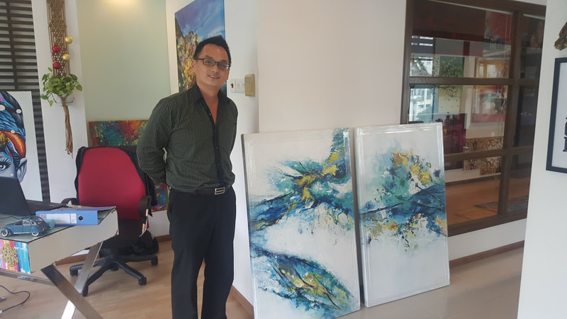 Affordable Custom Made 2 Panels Blue And White Abstract Oil Painting On Canvas  In Malaysia