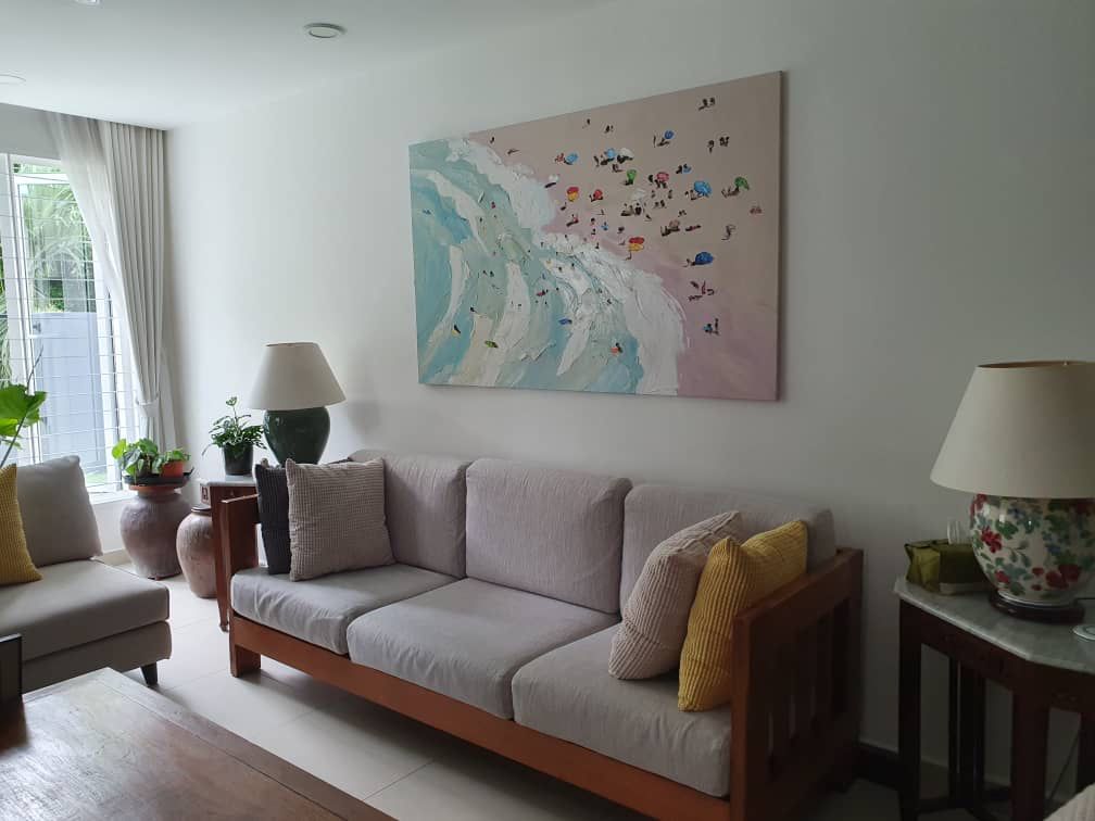 Affordable Custom Made Hand-painted Textured Blue and Pink Beach Oil Painting In Malaysia Office/ Home @ ArtisanMalaysia.com