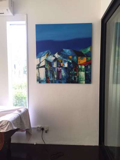 Affordable Custom Made Hand-painted Blue Vietnamese House Scenery Oil Painting In Malaysia Office/ Home @ ArtisanMalaysia.com