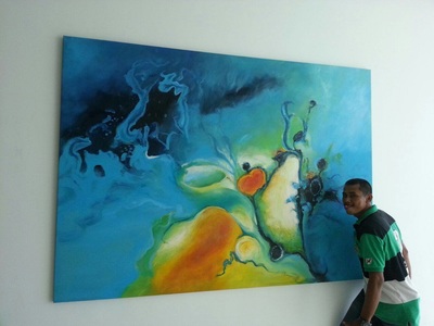 Affordable Contemporary Blue Green Abstract Oil Painting Made On Canvas In Malaysia Office/ Home @ ArtisanMalaysia.com