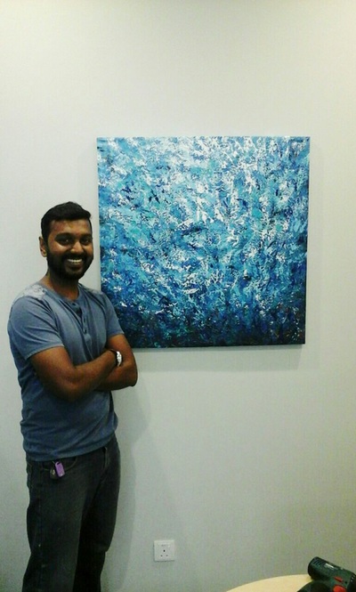 Affordable Mid-Century Modern Blue Abstract Oil Painting Made On Canvas In Malaysia Office/ Home @ ArtisanMalaysia.com
