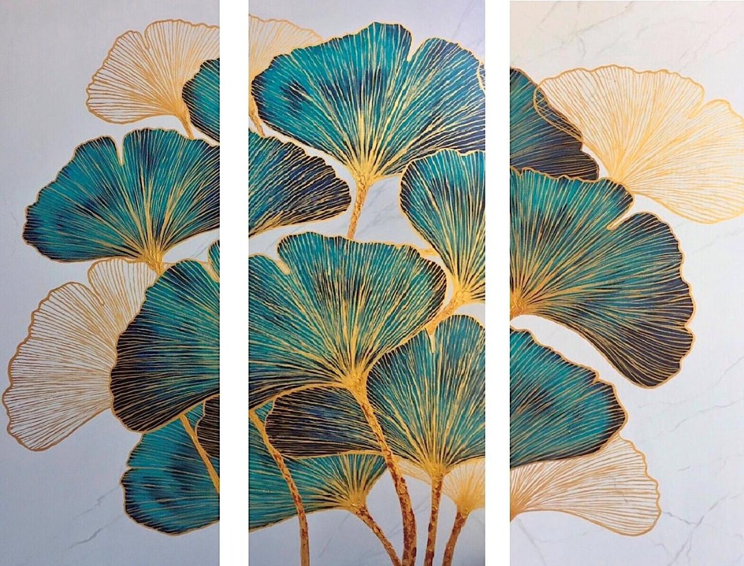 Affordable Custom Made Hand-painted 3 Panels Modern Green and Gold Ginkgo Leaf Oil Painting In Malaysia Office/ Home @ ArtisanMalaysia.com