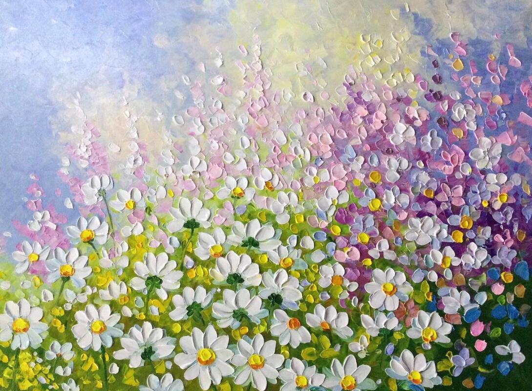 Affordable Custom Made Hand-painted Mid-Century Modern Pastel Flower Textured Oil Painting In Malaysia Office/ Home @ ArtisanMalaysia.com