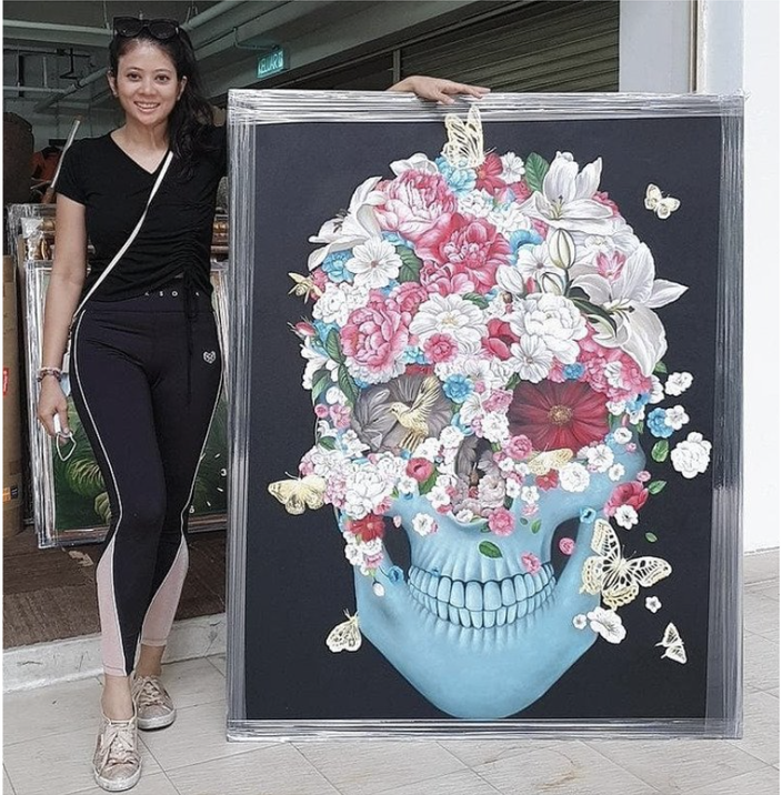 Affordable Custom Made Hand-painted Red Eclectic Mid-Century Modern Skull Flower Floral Art Oil Painting In Malaysia Office/ Home @ ArtisanMalaysia.com