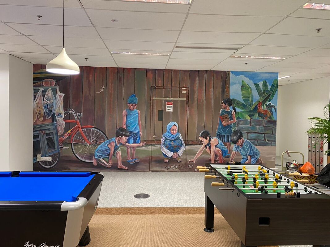 Affordable Custom Made Hand-painted Malaysian Kids Playing Traditional Games Mural Wall Art In Malaysia Office/ Home @ ArtisanMalaysia.com