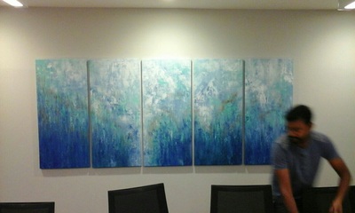 Affordable 5 Panels Blue Abstract Oil Painting Made On Canvas In Malaysia Office/ Home @ ArtisanMalaysia.com