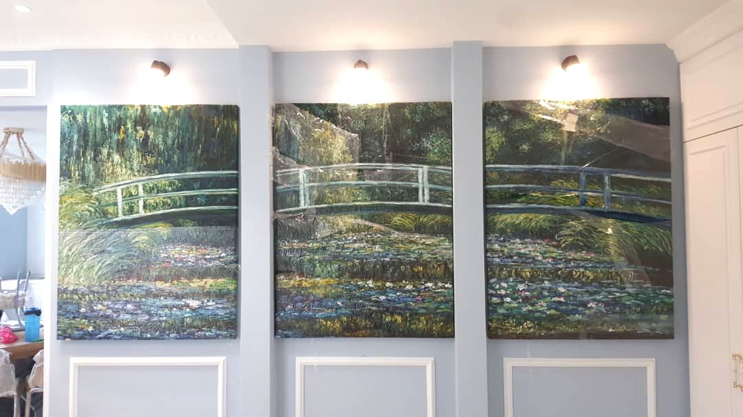 Affordable Custom Made Hand-painted 3 Panels Water Lilies Over the Bridge By Monet Oil Painting In Malaysia Office/ Home @ ArtisanMalaysia.com