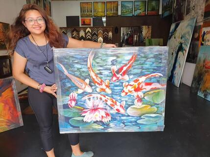 Affordable Custom Made Hand-painted Fengshui Modern Lotus Koi Fish Oil Painting In Malaysia Office/ Home @ ArtisanMalaysia.com