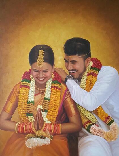 Affordable Custom Made Commissioned Indian Couple Wedding Portrait Oil Painting Made On Canvas In Malaysia Office/ Home @ ArtisanMalaysia.com