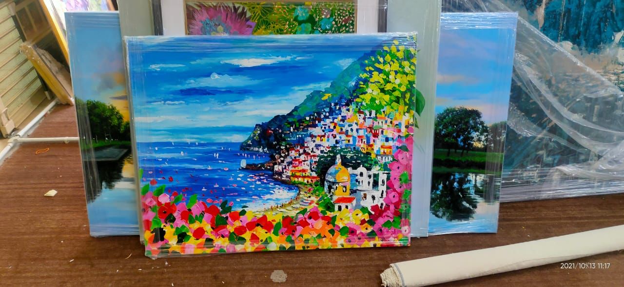 Affordable Custom Made Hand-painted Bold Vibrant Coastal Mid-Century Modern Colourful Flower By Seaside Beach Italy Oil Painting In Malaysia Office/ Home @ ArtisanMalaysia.com