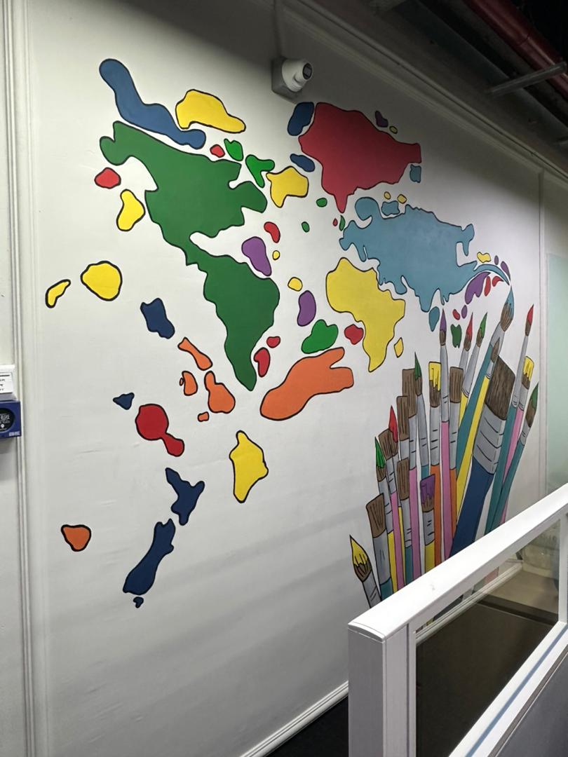 Affordable Custom Made Hand-painted Modern Colourful World Map Mural Wall Art In Malaysia Office/ Home @ ArtisanMalaysia.com